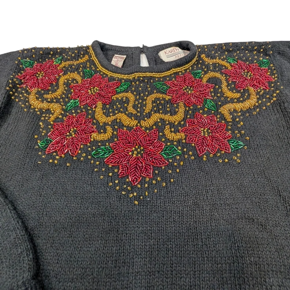 Vintage Karin Scott Petites beaded poinsettia Silk/Angora/Wool sweater. PMedium